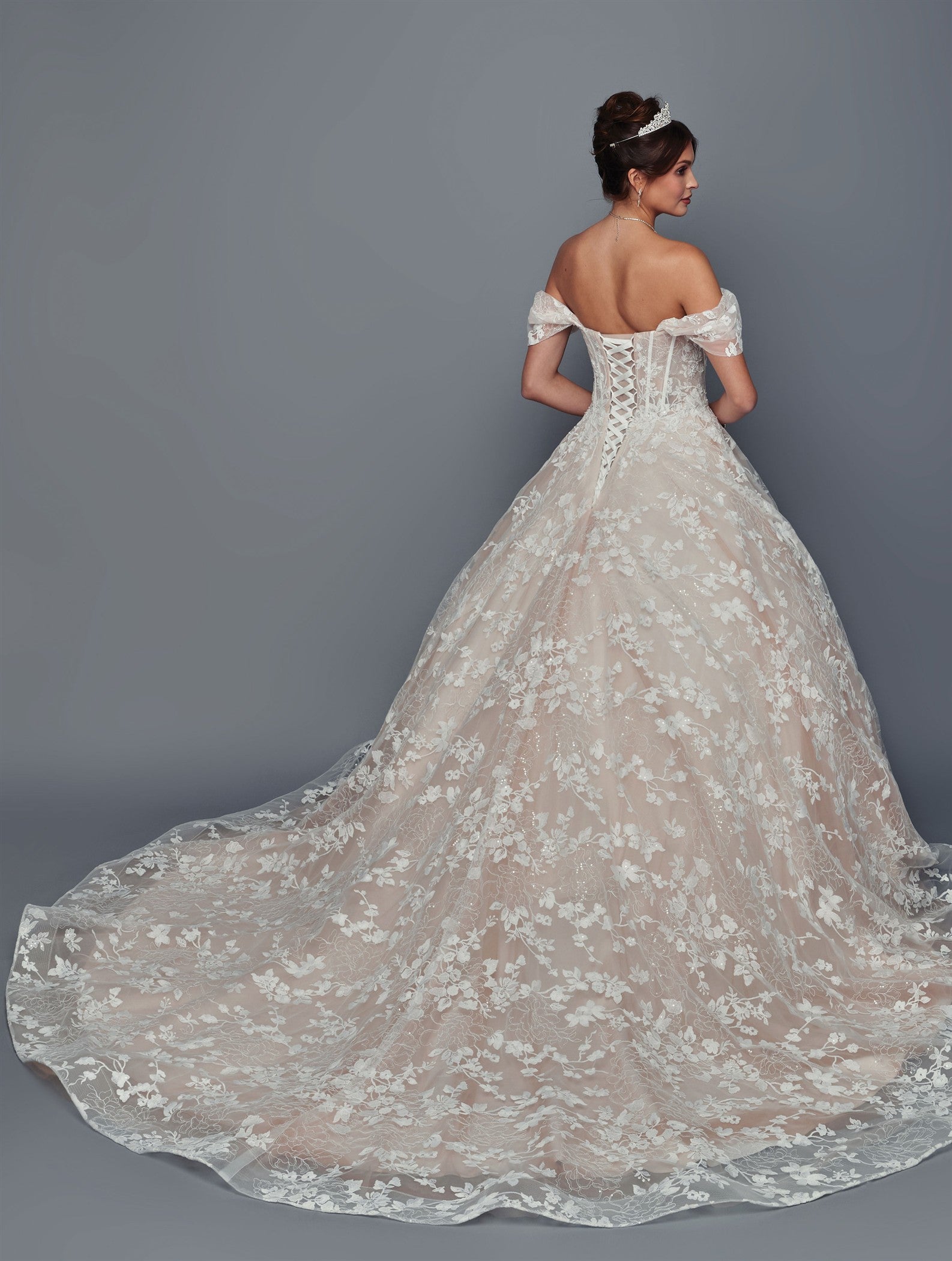 Off-Shoulder Lace A-Line Wedding Dress with Corset Back Floral Appliqué Gown by Deklaire Bridal 509