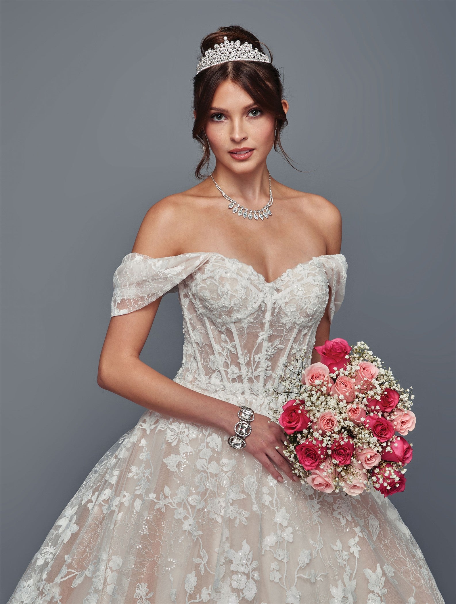 Off-Shoulder Lace A-Line Wedding Dress with Corset Back Floral Appliqué Gown by Deklaire Bridal 509