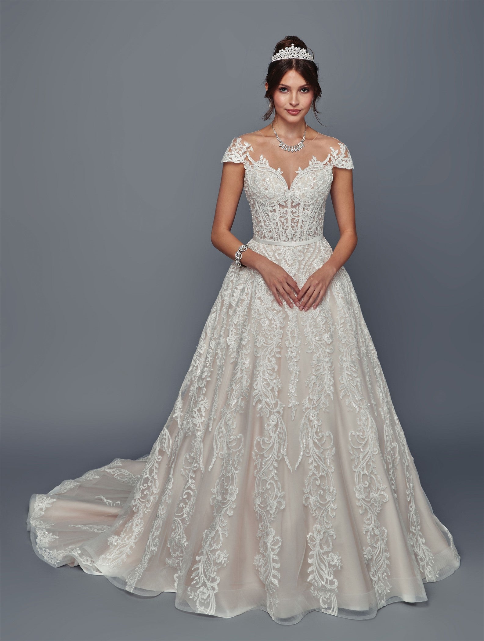 Lace A-Line Wedding Dress with Cap Sleeves Illusion Back & Court Train by Deklaire Bridal 510