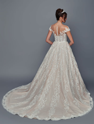 Lace A-Line Wedding Dress with Cap Sleeves Illusion Back & Court Train by Deklaire Bridal 510
