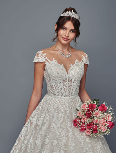 Lace A-Line Wedding Dress with Cap Sleeves Illusion Back & Court Train by Deklaire Bridal 510