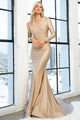 Elegant Long Sleeve Fitted Evening Gown with Deep V-Neck & Embroidered Appliqué By Amelia Couture 382