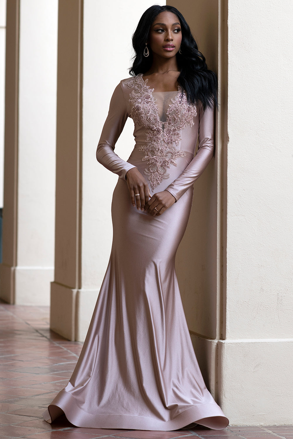 Elegant Long Sleeve Fitted Evening Gown with Deep V-Neck & Embroidered Appliqué By Amelia Couture 382
