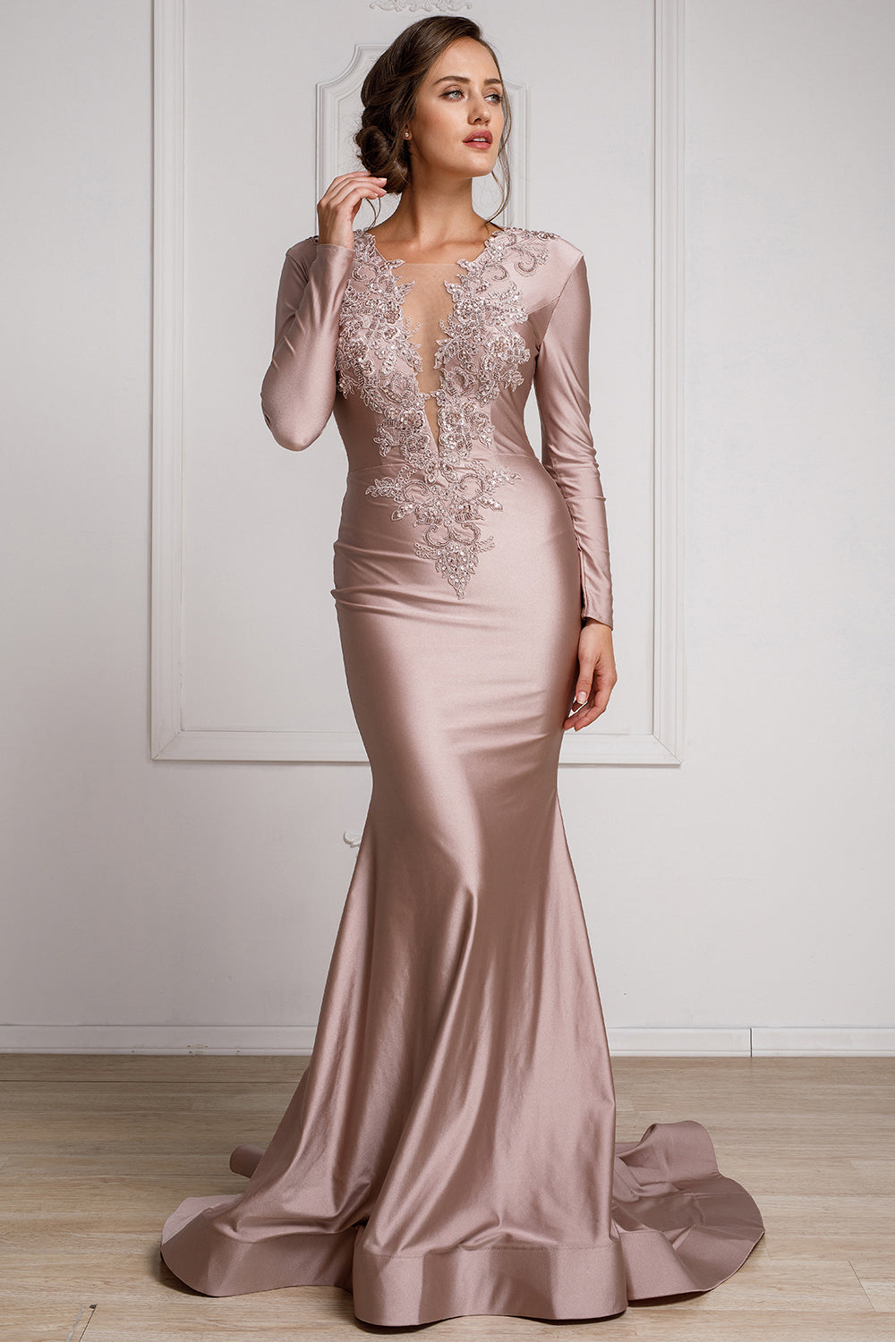 Elegant Long Sleeve Fitted Evening Gown with Deep V-Neck & Embroidered Appliqué By Amelia Couture 382