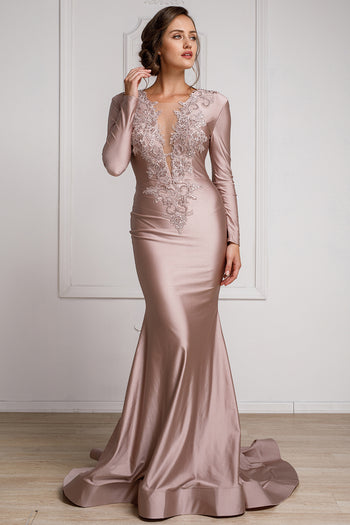 Elegant Long Sleeve Fitted Evening Gown with Deep V-Neck & Embroidered Appliqué By Amelia Couture 382