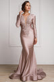 Elegant Long Sleeve Fitted Evening Gown with Deep V-Neck & Embroidered Appliqué By Amelia Couture 382