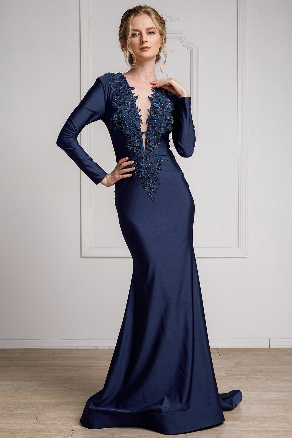 Elegant Long Sleeve Fitted Evening Gown with Deep V-Neck & Embroidered Appliqué By Amelia Couture 382