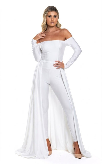 Off Shoulder Long-Sleeve Evening Jumpsuit with Open Lace-Up Back by Jessica Angel 877
