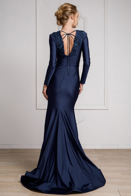 Elegant Long Sleeve Fitted Evening Gown with Deep V-Neck & Embroidered Appliqué By Amelia Couture 382