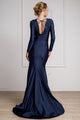 Elegant Long Sleeve Fitted Evening Gown with Deep V-Neck & Embroidered Appliqué By Amelia Couture 382