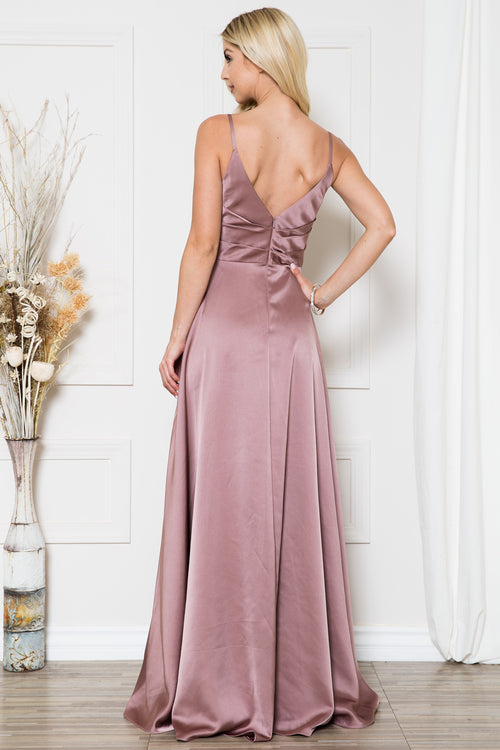 Dusty Rose Sleeveless Satin V-Neck Bodice A-Line Evening Gown with Front Slit by Amelia Couture BZ012
