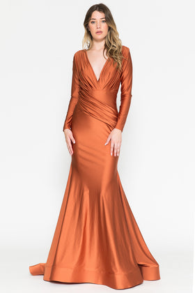 Long Sleeve Satin V-Neck Mother of the Bride Gown with Ruffle Hem Train by Amelia Couture 381