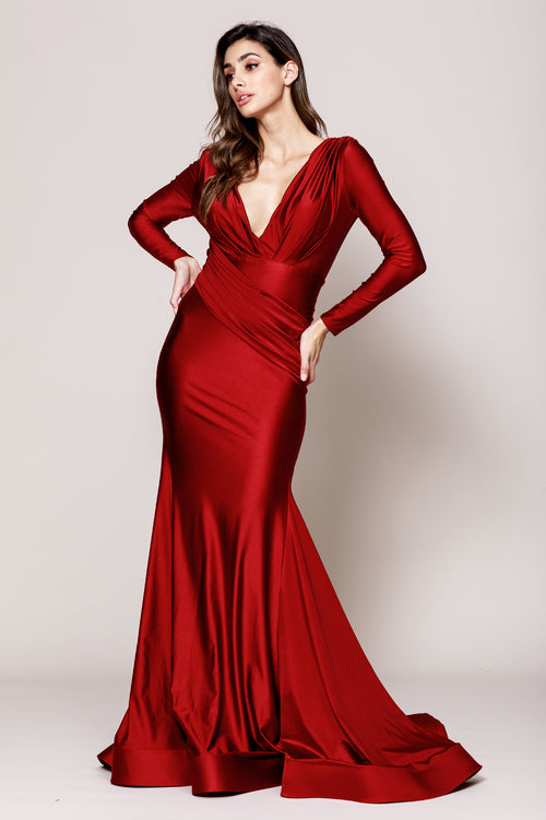 Long Sleeve Satin V-Neck Mother of the Bride Gown with Ruffle Hem Train by Amelia Couture 381