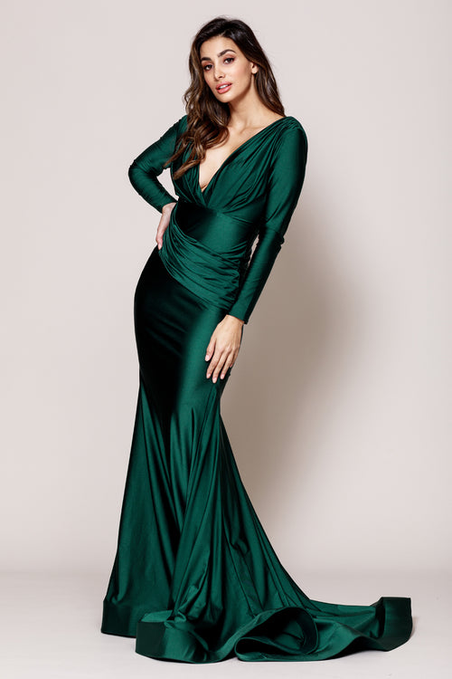Long Sleeve Satin V-Neck Mother of the Bride Gown with Ruffle Hem Train by Amelia Couture 381