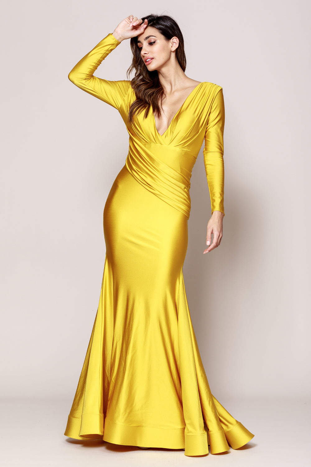 Long Sleeve Satin V-Neck Mother of the Bride Gown with Ruffle Hem Train by Amelia Couture 381