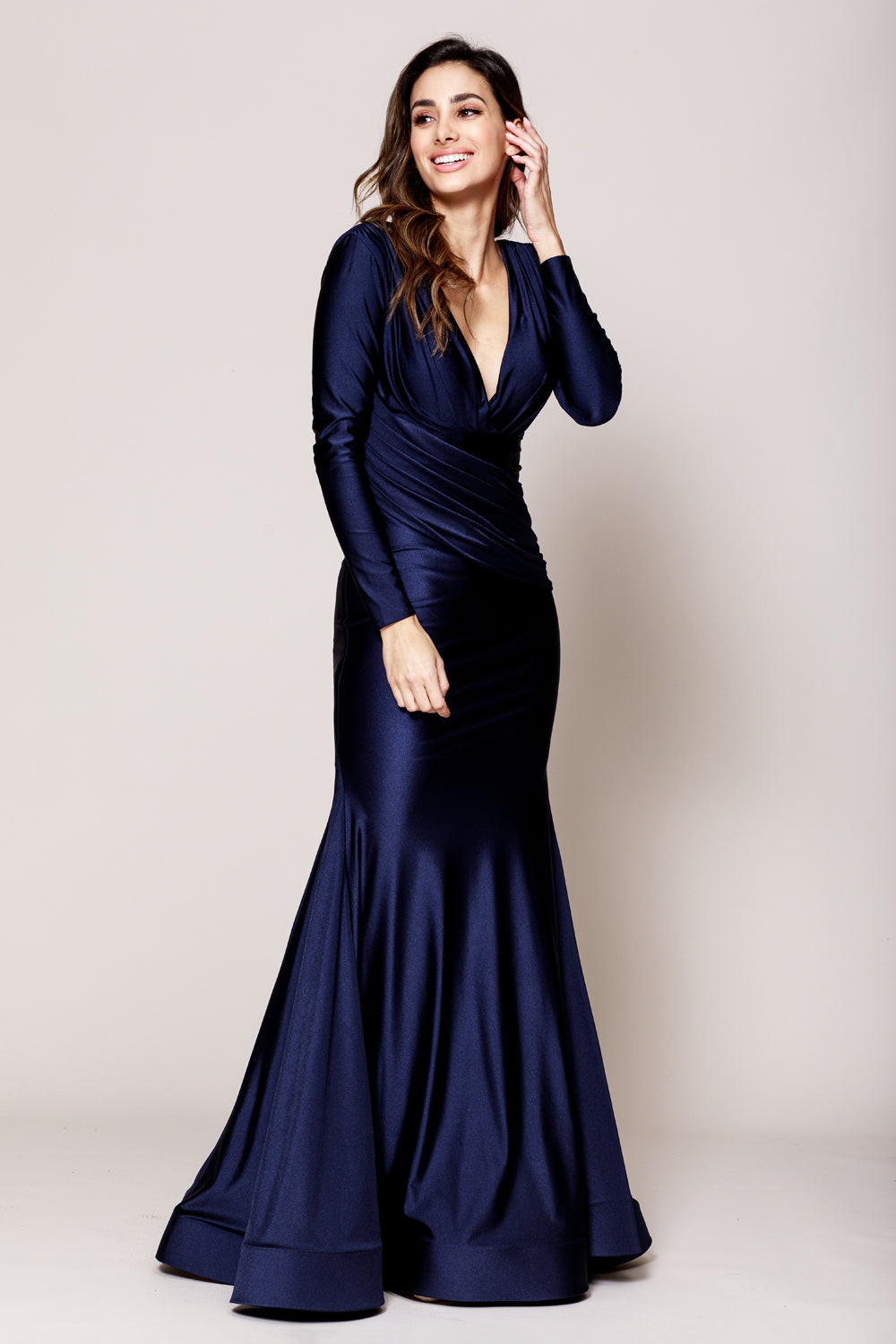 Long Sleeve Satin V-Neck Mother of the Bride Gown with Ruffle Hem Train by Amelia Couture 381