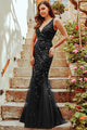 V-Neck Sleeveless Embroidered Tulle A‑Line Evening Gown By Amelia Couture 7886