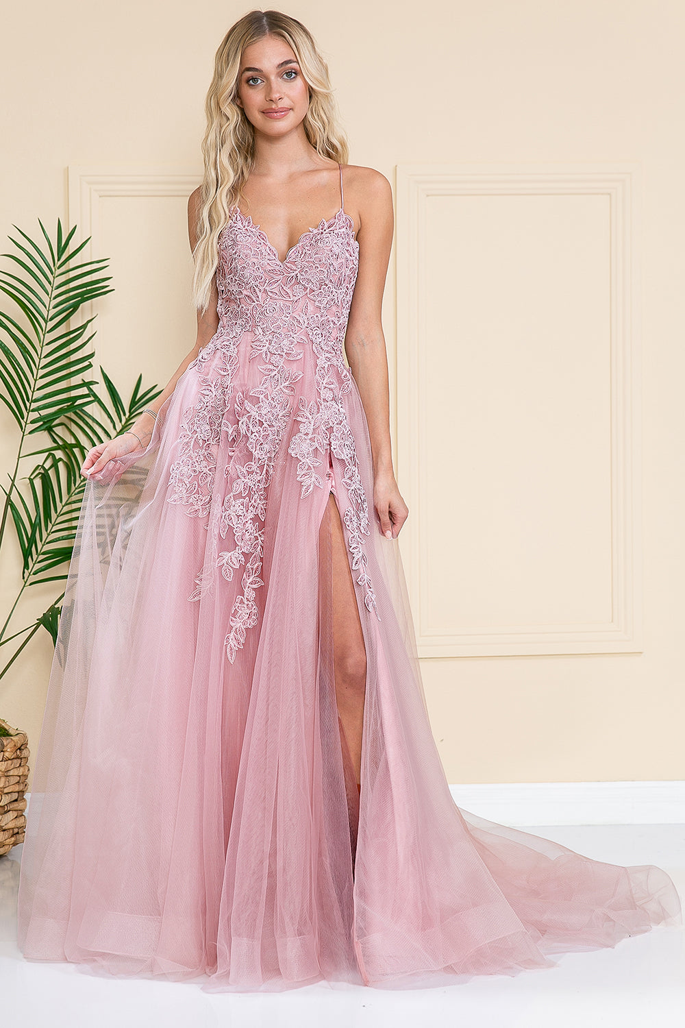 Rose Spaghetti Strap Lace Applique A-Line Dress with Side Slit & Lace-Up Back by Amelia Couture BZ014