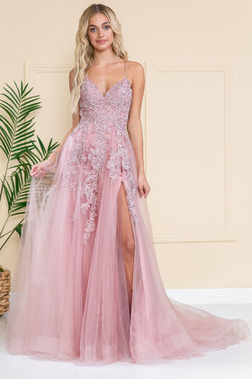 Rose Spaghetti Strap Lace Applique A-Line Dress with Side Slit & Lace-Up Back by Amelia Couture BZ014