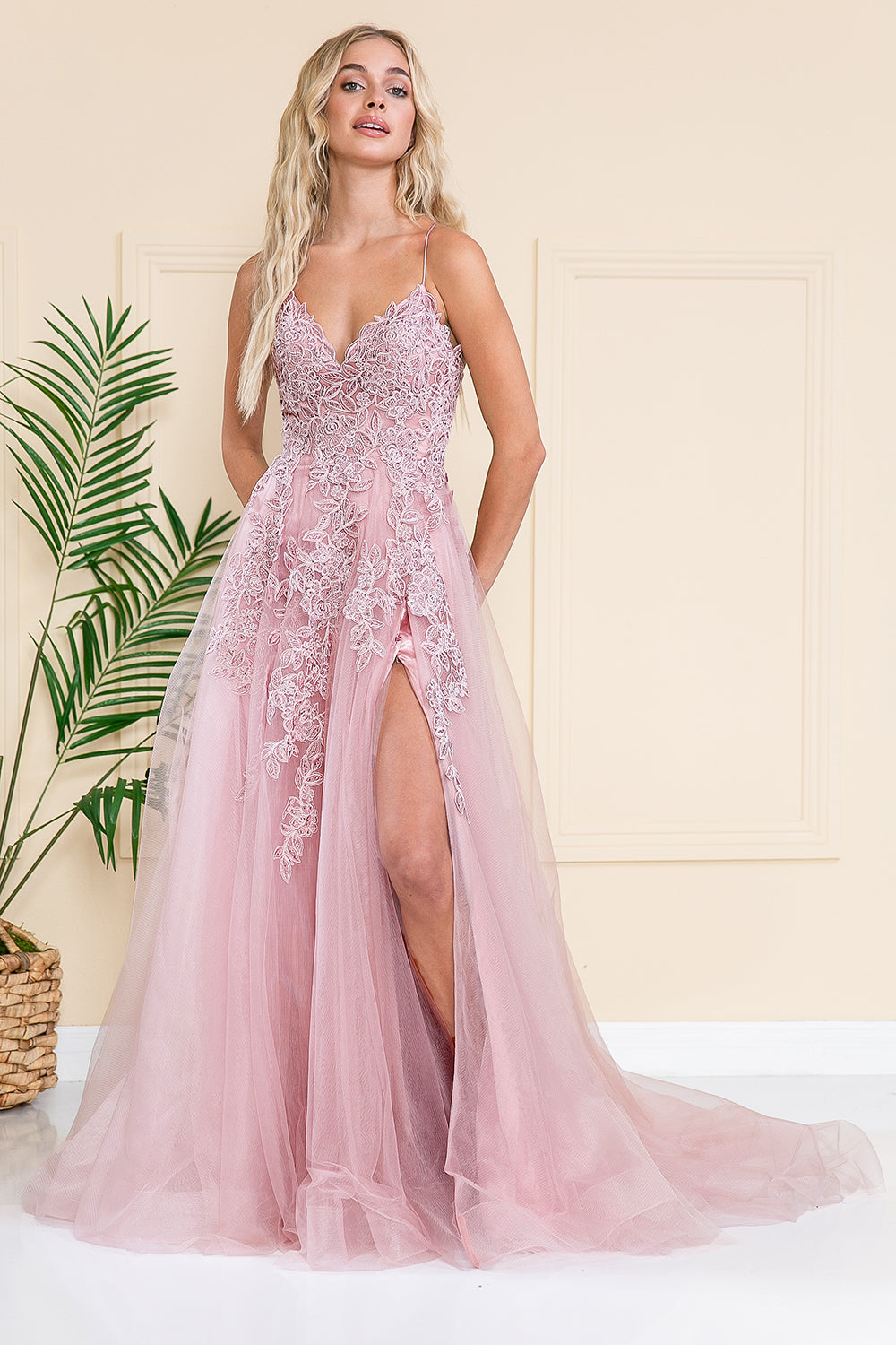 Rose Spaghetti Strap Lace Applique A-Line Dress with Side Slit & Lace-Up Back by Amelia Couture BZ014