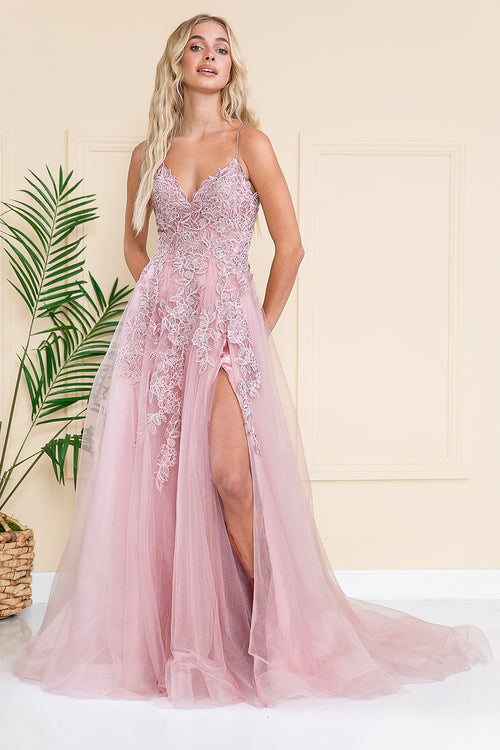Rose Spaghetti Strap Lace Applique A-Line Dress with Side Slit & Lace-Up Back by Amelia Couture BZ014