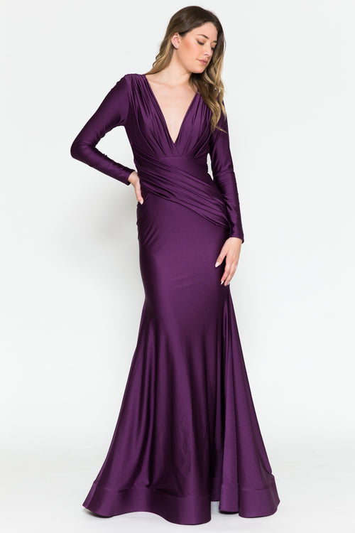 Long Sleeve Plunging V-Neck with Folded Waist Detail Mother of the Bride by Amelia Couture 381-1