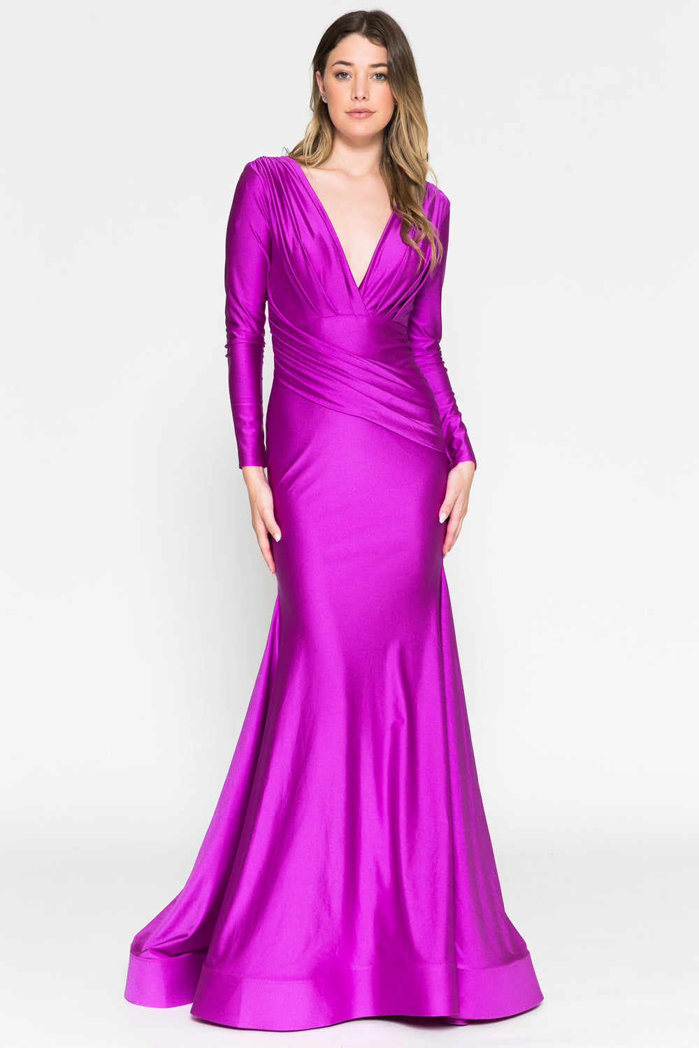Long Sleeve Plunging V-Neck with Folded Waist Detail Mother of the Bride by Amelia Couture 381-1