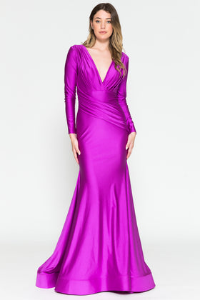 Long Sleeve Plunging V-Neck with Folded Waist Detail Mother of the Bride by Amelia Couture 381-1