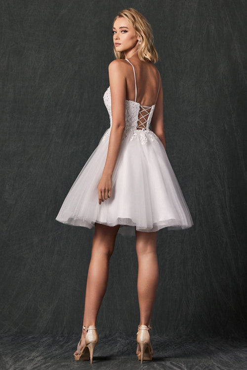 Juliet 860W Short Floral Appliqué Tulle Mini Dress with Spaghetti Straps