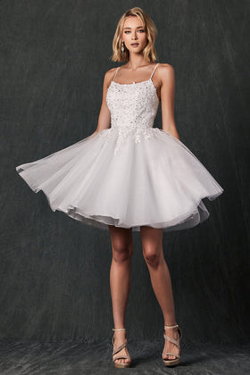 Juliet 860W Short Floral Appliqué Tulle Mini Dress with Spaghetti Straps