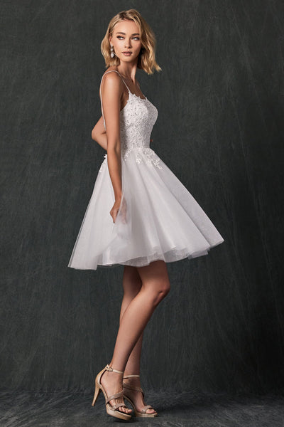 Juliet 860W Short Floral Appliqué Tulle Mini Dress with Spaghetti Straps