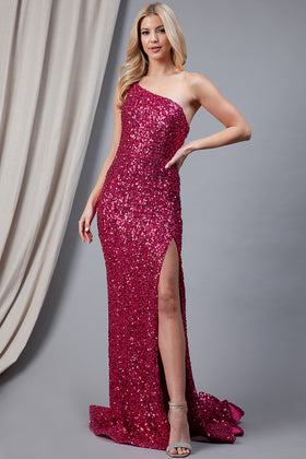 One-Shoulder Sequin Mermaid Dress with Side Slit & Open Back Evening Gown by Amelia Couture 7023