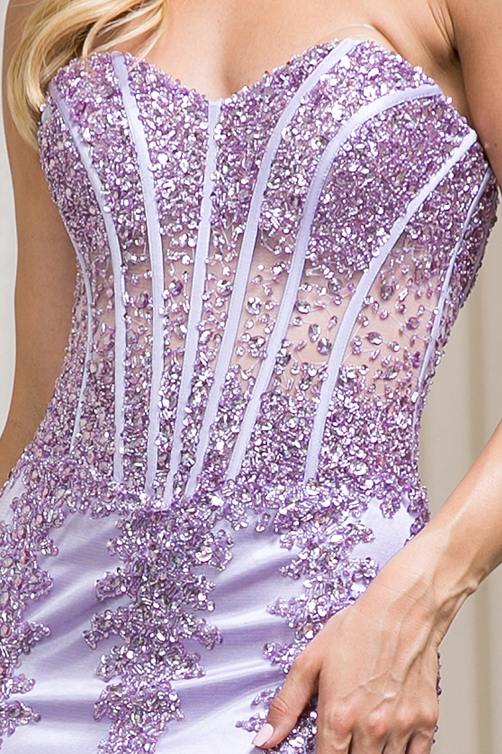 Lilac Strapless Sweetheart Beaded Corset Illusion Bodice Mermaid Tulle Prom Dress by Amelia Couture 774