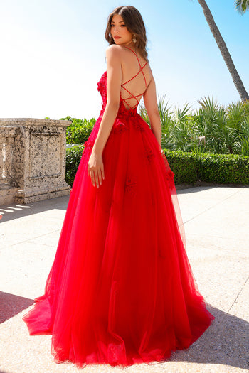 Floral Appliqué Tulle Ball Gown with Lace‑Up Back Spaghetti Strap Evening Dress By Amelia Couture 7035
