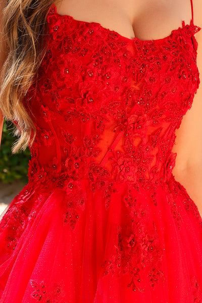 Floral Appliqué Tulle Ball Gown with Lace‑Up Back Spaghetti Strap Evening Dress By Amelia Couture 7035