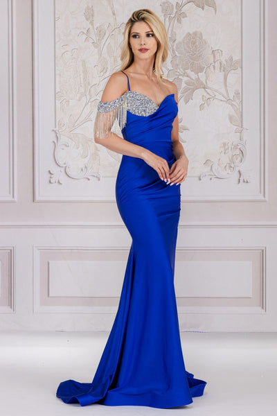 One Shoulder Rhinestone Fringe Mermaid Dress with High Slit Evening Gown by Amelia Couture 3017