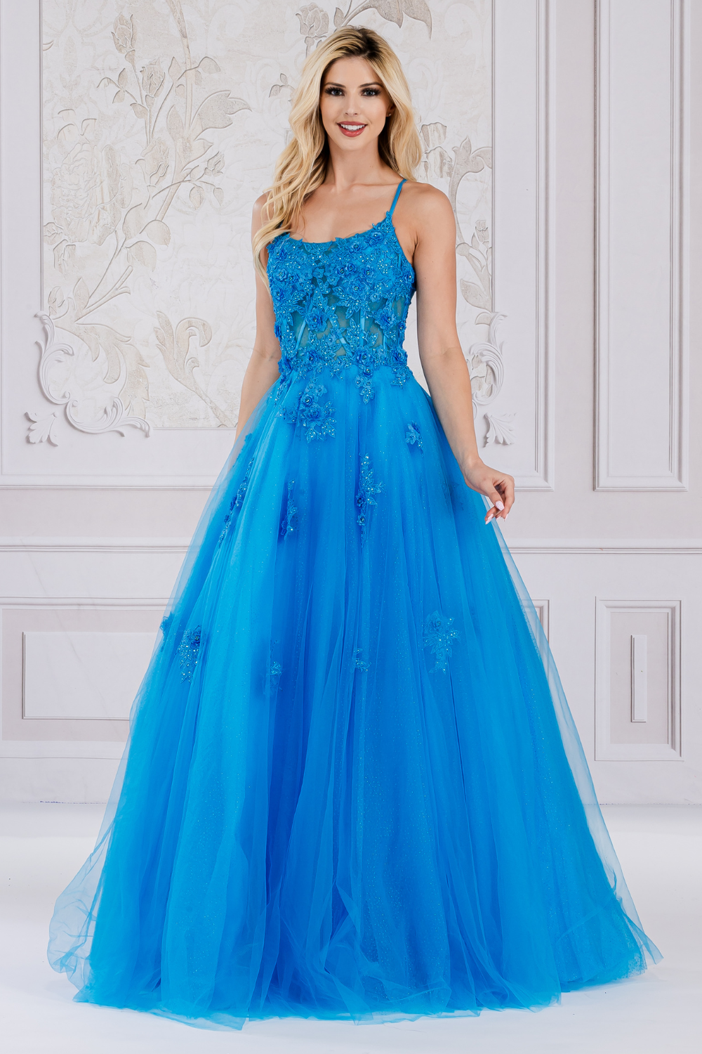 Floral Appliqué Tulle Ball Gown with Lace‑Up Back Spaghetti Strap Evening Dress By Amelia Couture 7035