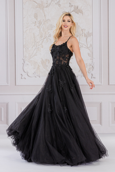 Floral Appliqué Tulle Ball Gown with Lace‑Up Back Spaghetti Strap Evening Dress By Amelia Couture 7035