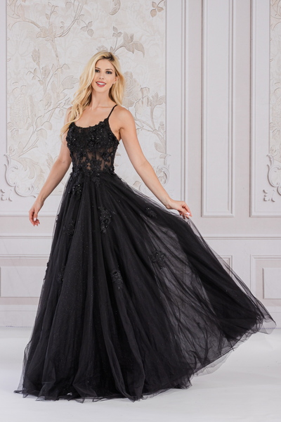 Floral Appliqué Tulle Ball Gown with Lace‑Up Back Spaghetti Strap Evening Dress By Amelia Couture 7035