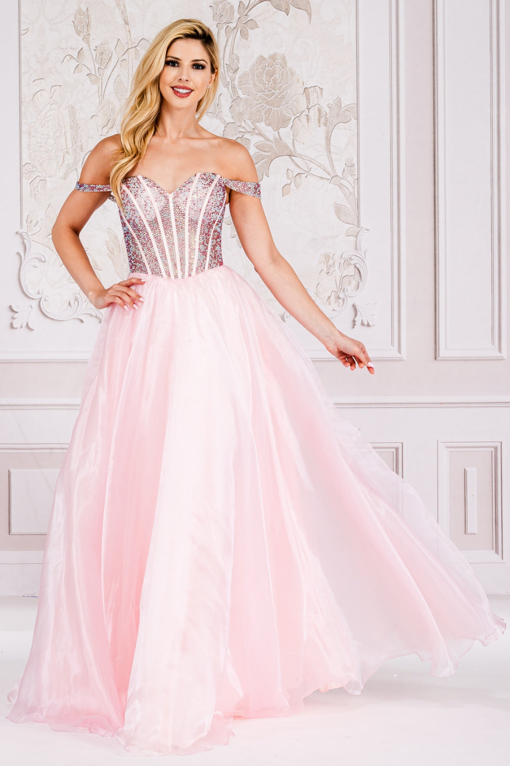 Off‑Shoulder Sparkling Corset Bodice A‑Line Gown By Amelia Couture 7040