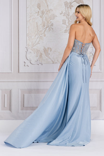 Strapless Beaded Bodice High Slit Evening Gown with Flowing Train By Amelia Couture TM1005