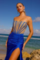 Strapless Sheer Beaded Bodice Ruched High‑Slit Prom Gown By Amelia Couture SU069