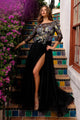 Amelia Couture TM1021 Sheer Floral Embroidered Evening Gown with Slit – 3/4 Sleeve Tulle Formal Dress