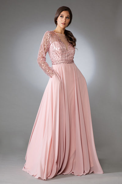 Long Sleeve Sequin Bodice A‑Line Chiffon Evening Dress By Amelia Couture 7036