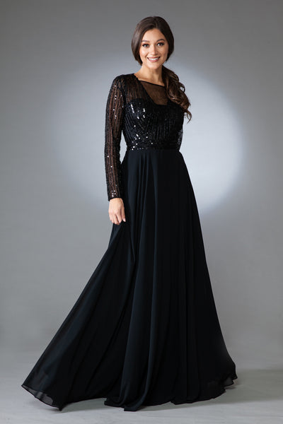 Long Sleeve Sequin Bodice A‑Line Chiffon Evening Dress By Amelia Couture 7036