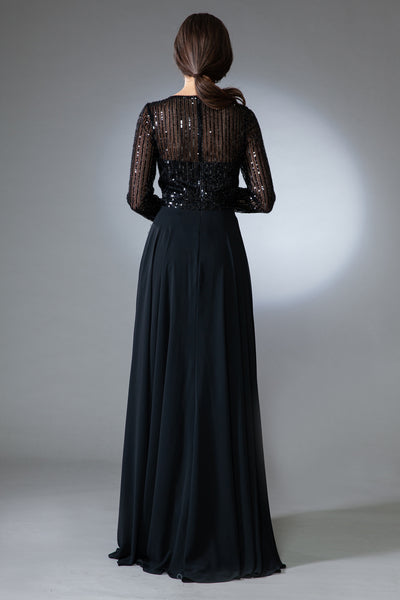 Long Sleeve Sequin Bodice A‑Line Chiffon Evening Dress By Amelia Couture 7036