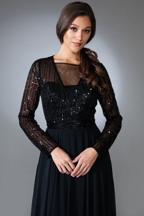 Long Sleeve Sequin Bodice A‑Line Chiffon Evening Dress By Amelia Couture 7036