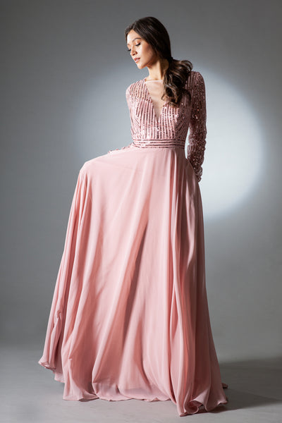 Long Sleeve Sequin Bodice A‑Line Chiffon Evening Dress By Amelia Couture 7036