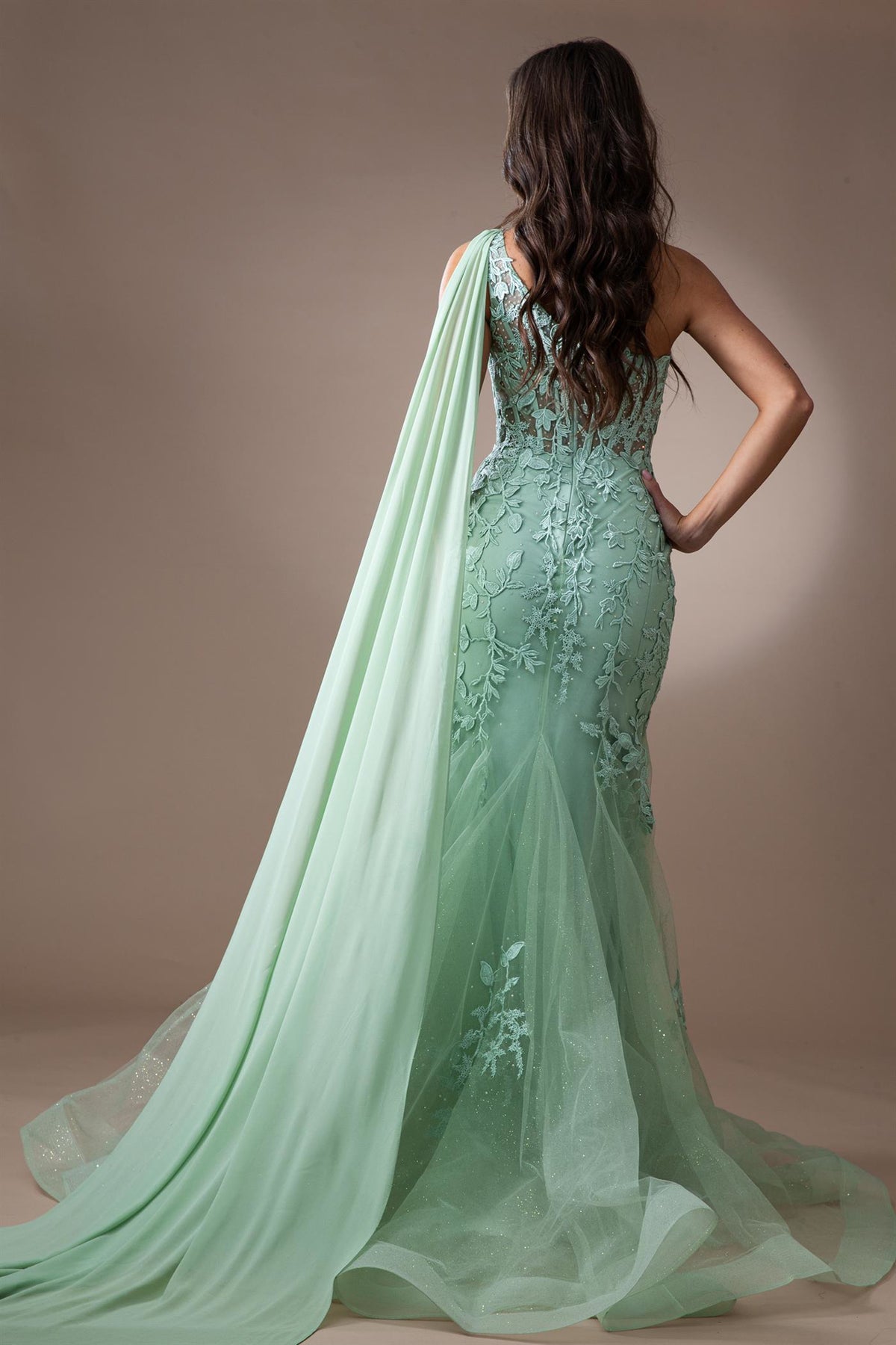 One-Shoulder Sleeveless Lace Applique Cape Corset Mermaid Prom Dress by Amelia Couture 7048