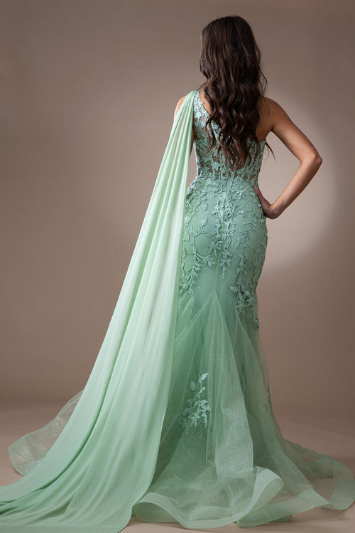 One-Shoulder Sleeveless Lace Applique Cape Corset Mermaid Prom Dress by Amelia Couture 7048